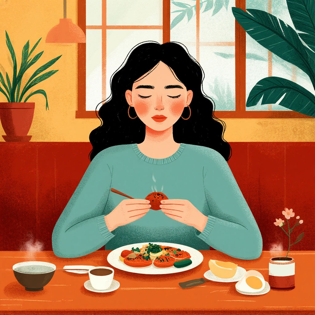 Soft editorial illustration of mindful eating in real everyday life