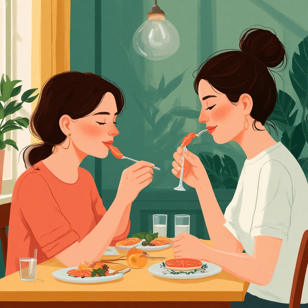 Soft editorial illustration of mindful eating in real everyday life