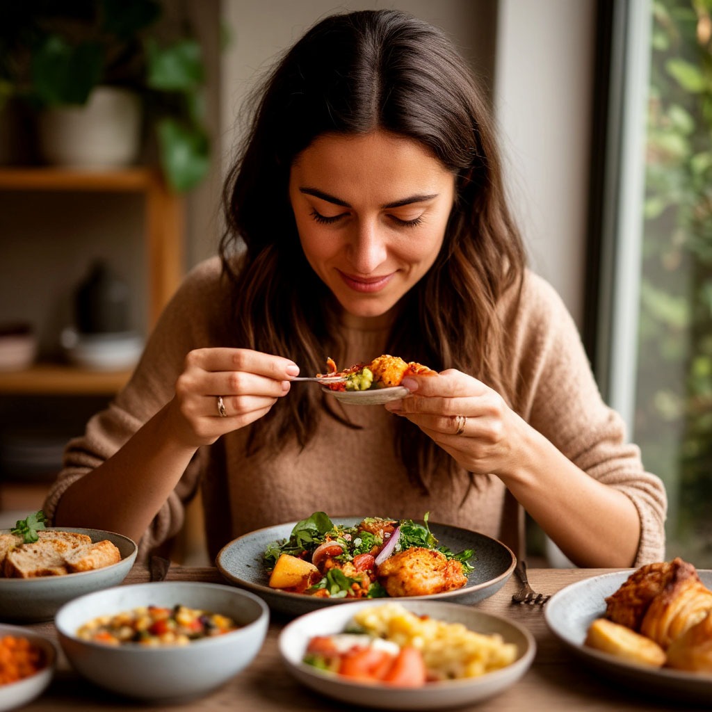 Warm editorial image illustrating mindful eating, portion awareness and gentle food habits